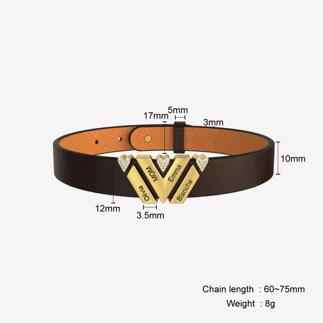 Personalized Leather V Bracelet With Diamond Charms