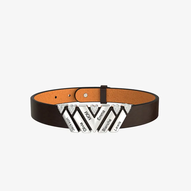 Personalized Leather V Bracelet With Diamond Charms