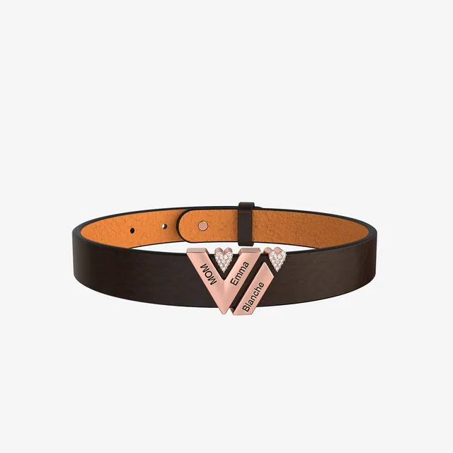 Personalized Leather V Bracelet With Diamond Charms